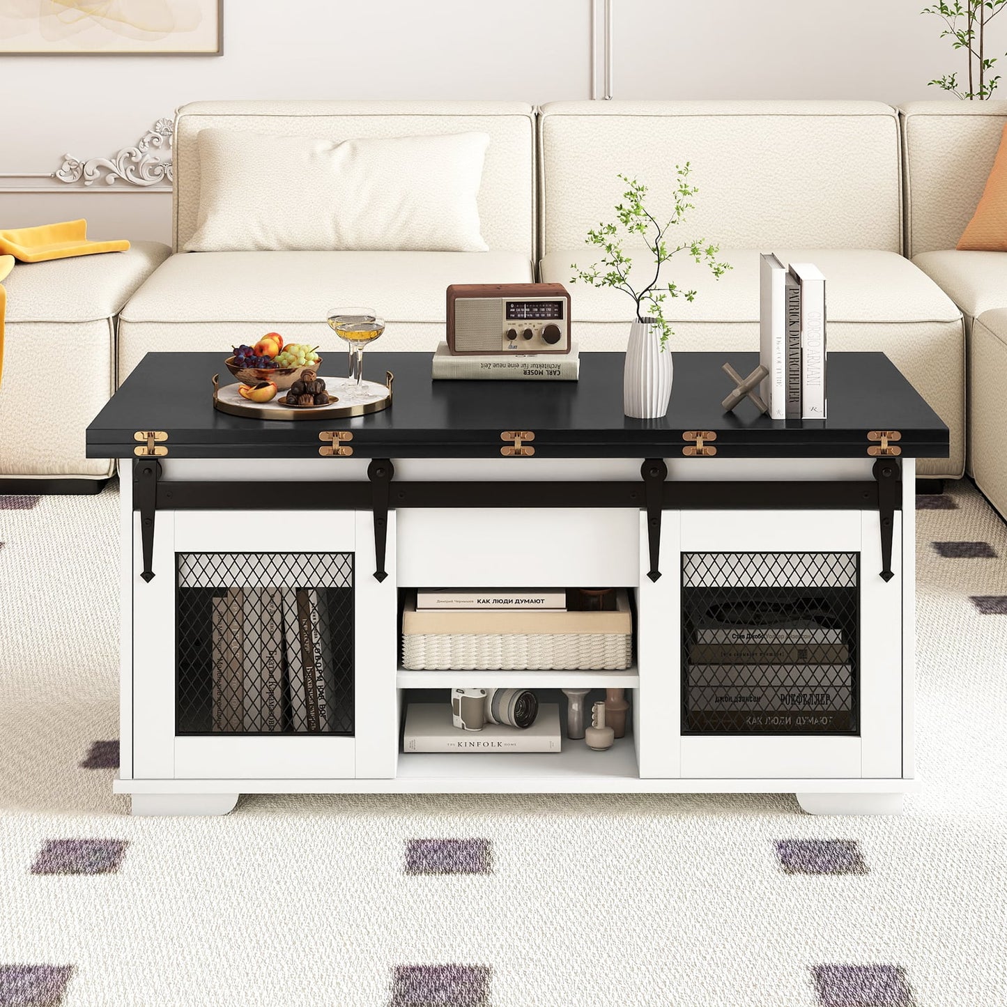 Lift Top Coffee Table with 2 Sliding Barn Doors-Black