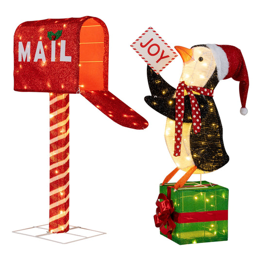 Lighted Christmas Decoration Mailbox and Penguin 3D Pre-Lit Xmas Holiday Decoration