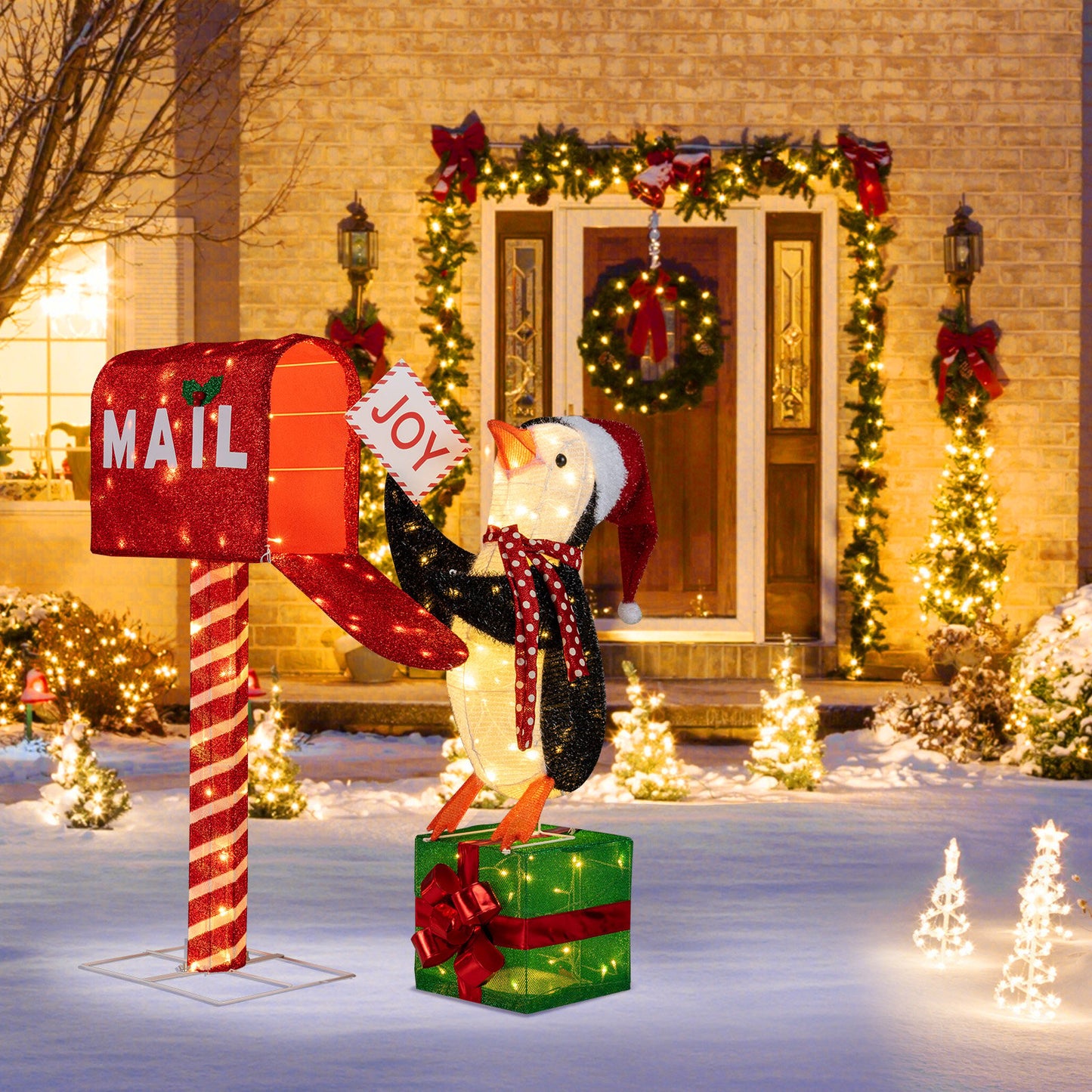 Lighted Christmas Decoration Mailbox and Penguin 3D Pre-Lit Xmas Holiday Decoration