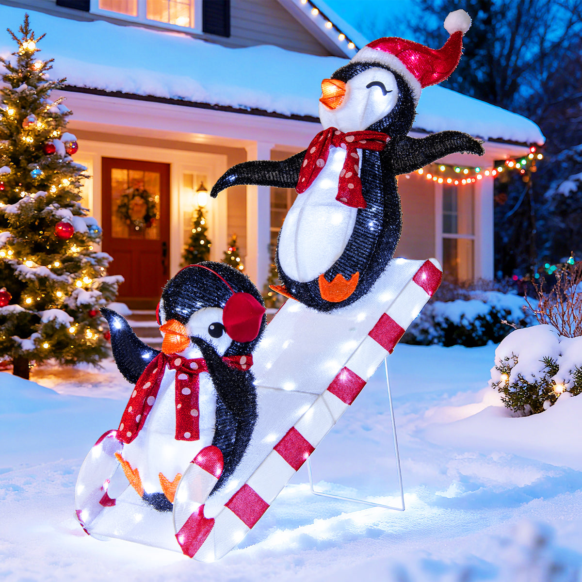 3D lighted Christmas penguin decoration with 170 LED lights, festive holiday decor featuring cute penguin slides.