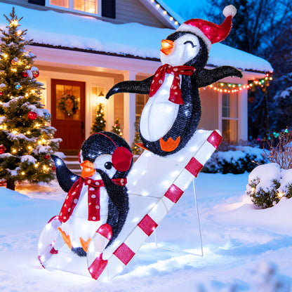 3D lighted Christmas penguin decoration with 170 LED lights, festive holiday decor featuring cute penguin slides.