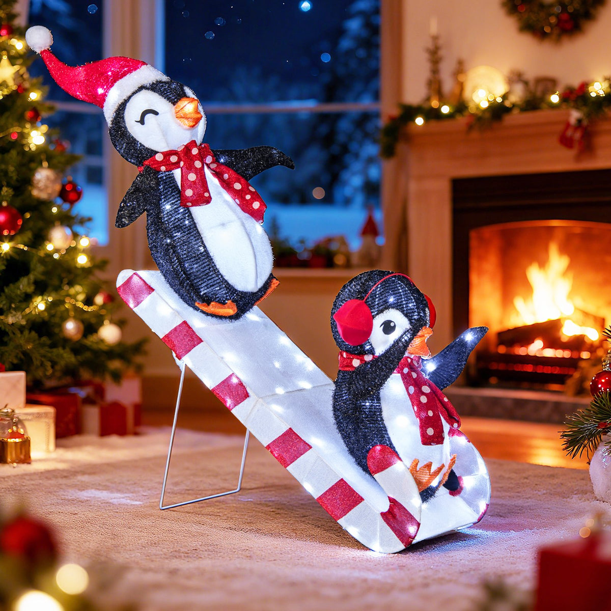 3D pre-lit Christmas penguin decoration with 170 LED lights, holiday decor featuring cute penguins slide scene.
