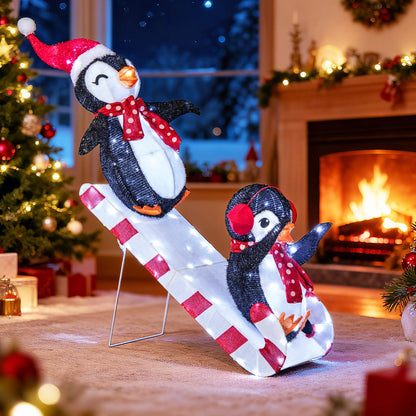 3D pre-lit Christmas penguin decoration with 170 LED lights, holiday decor featuring cute penguins slide scene.