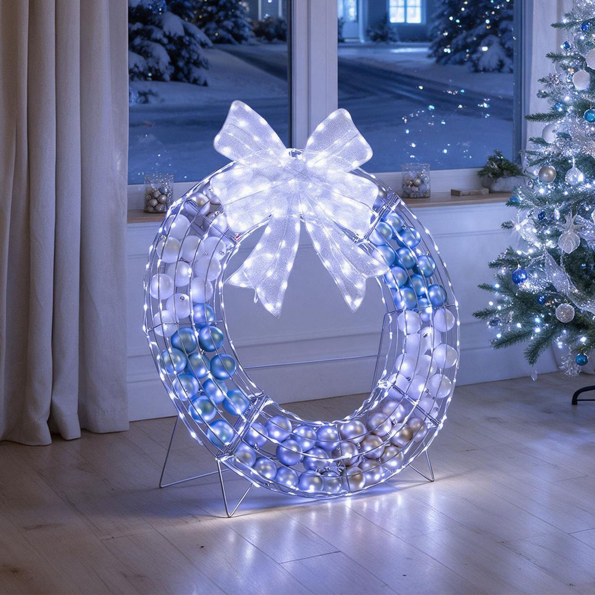 Lighted Christmas wreath decoration with 332 LED lights, holiday decor featuring festive greenery and bright illumination