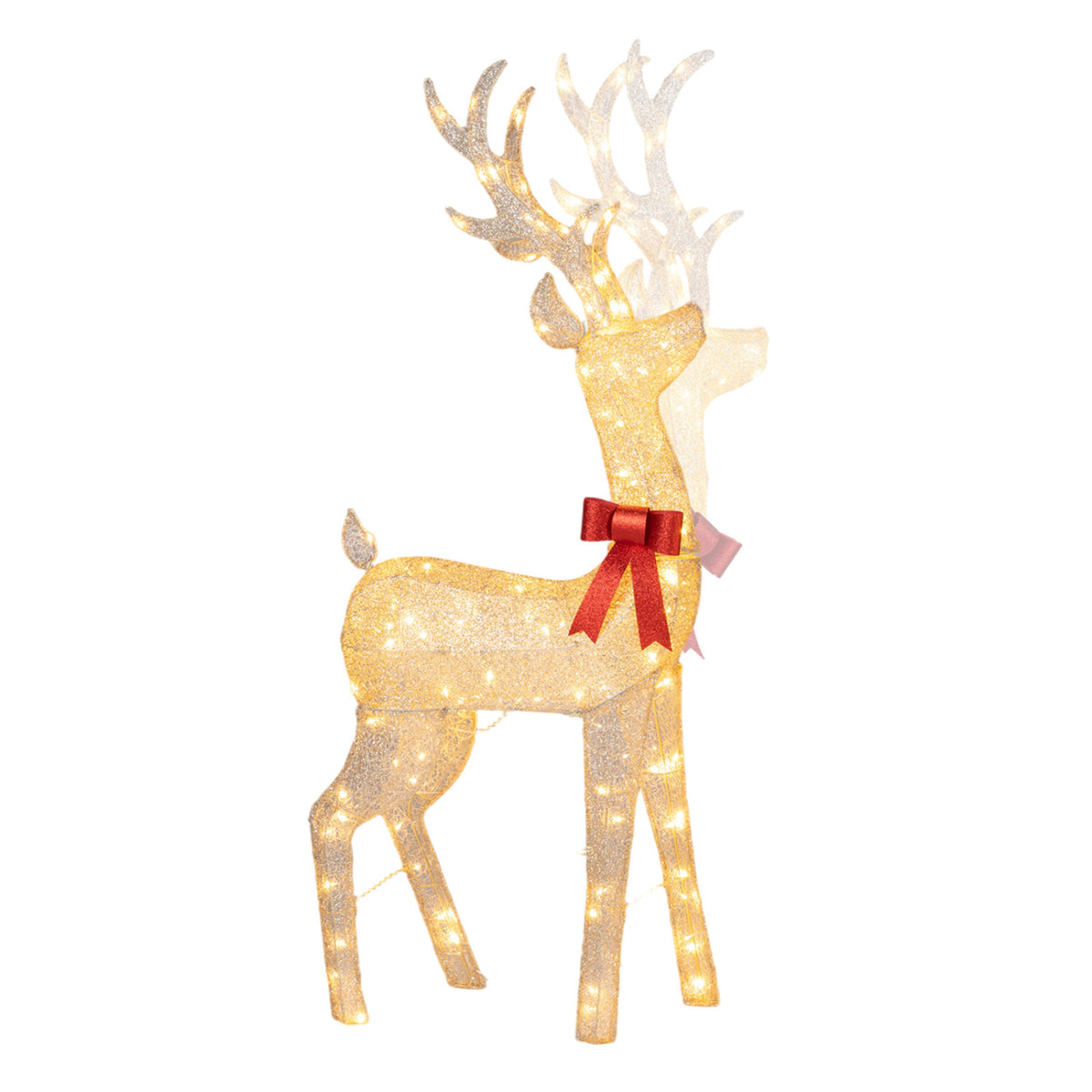 Lighted golden Christmas reindeer with 130 warm yellow LED lights, holiday decor by Wilsons Home Store.