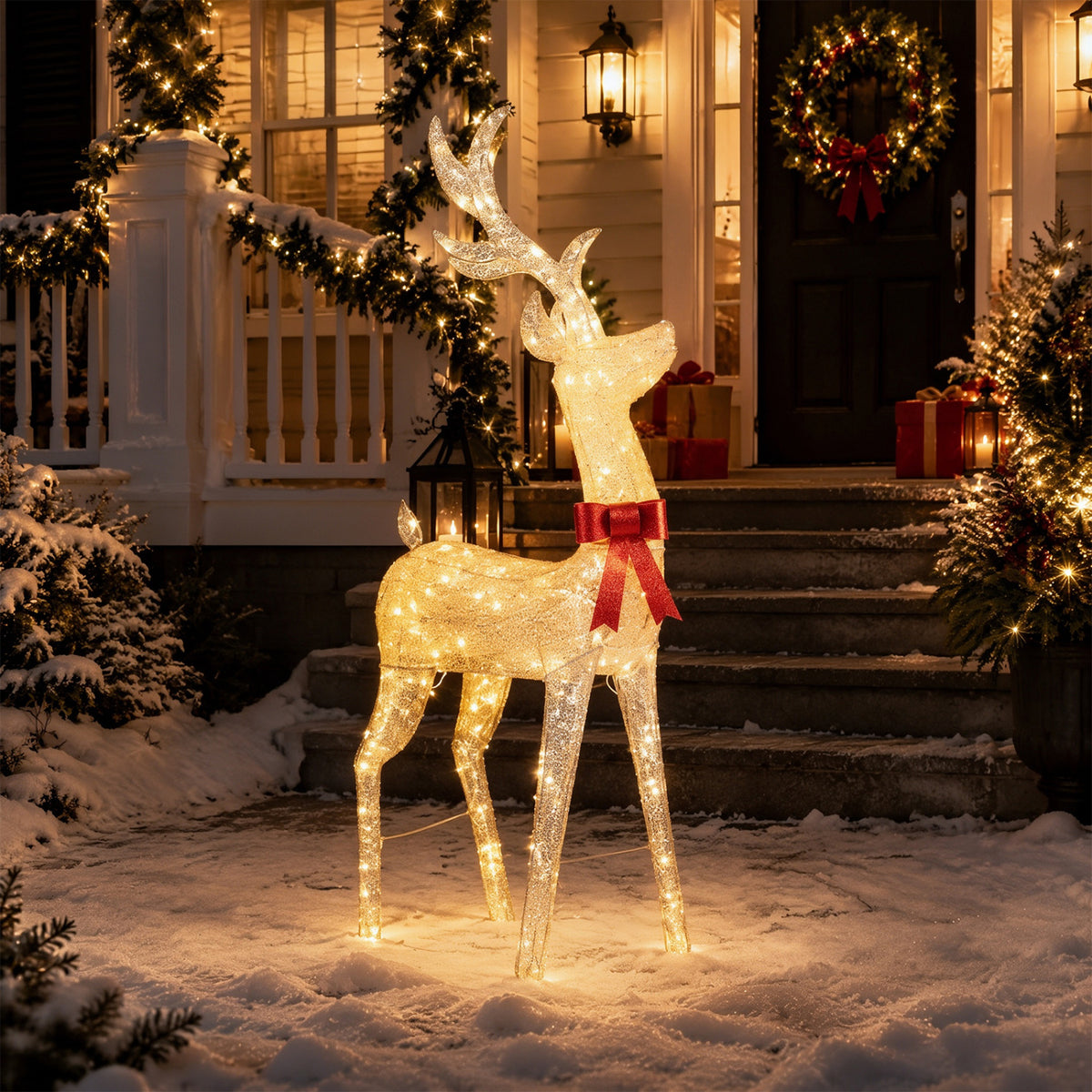 Golden Christmas reindeer with warm yellow LED lights, holiday decor, perfect for festive holiday decorations.