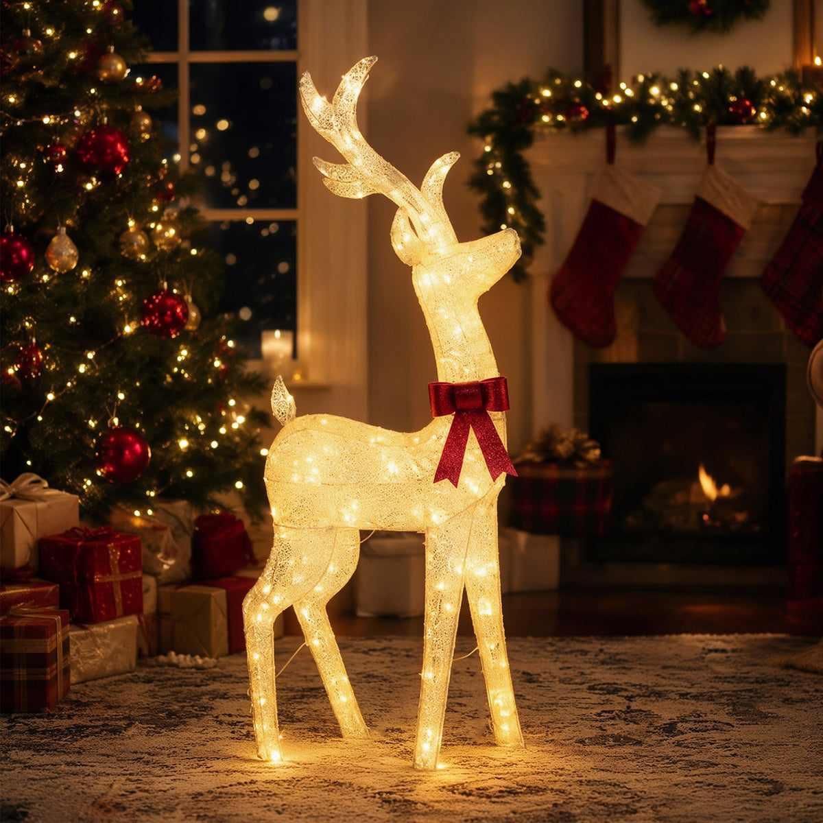 Golden lighted Christmas reindeer with 130 warm yellow LED lights, holiday decor for festive Christmas celebrations.