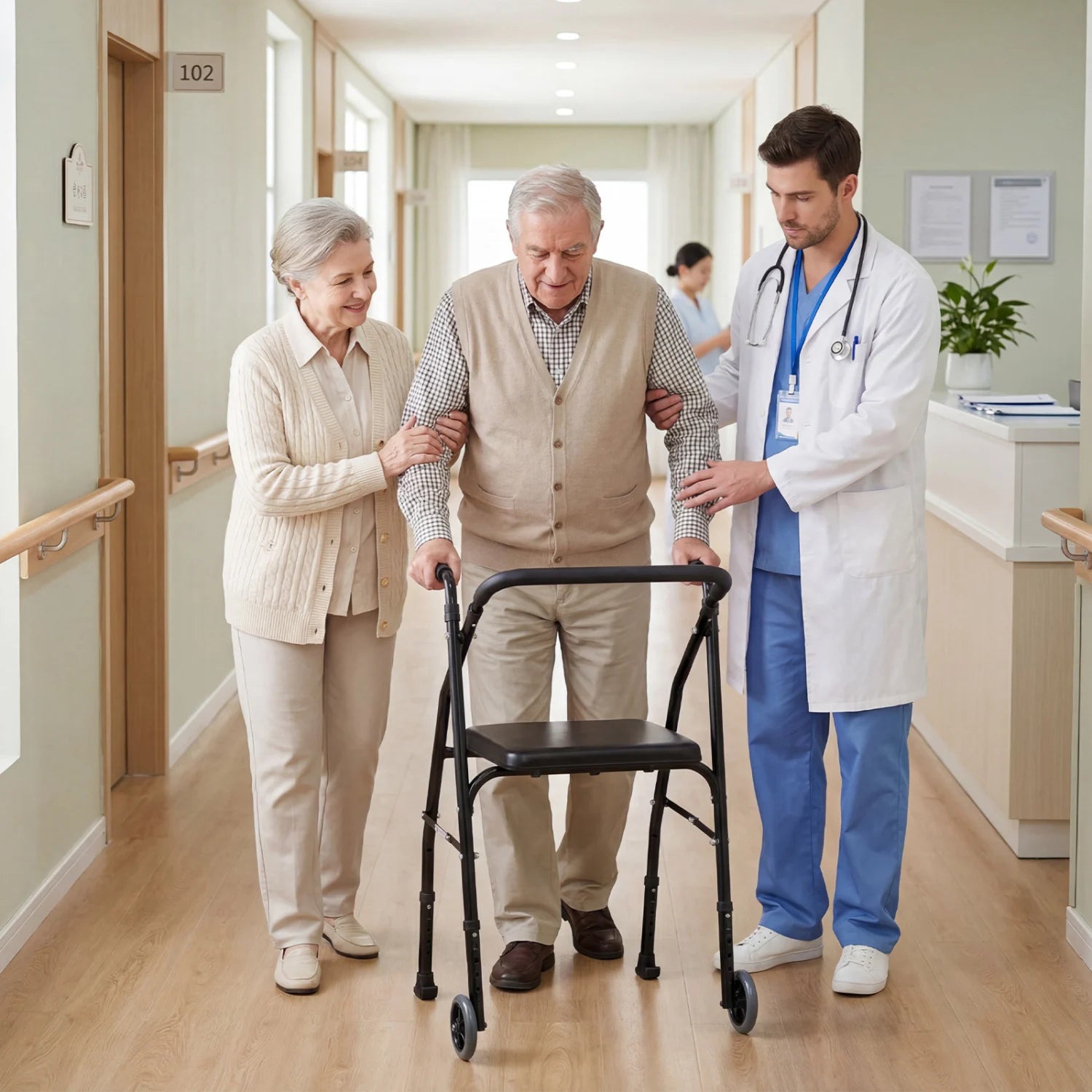 Black lightweight aluminum mobility walker for seniors with 2 wheels, adjustable height, and padded seat.