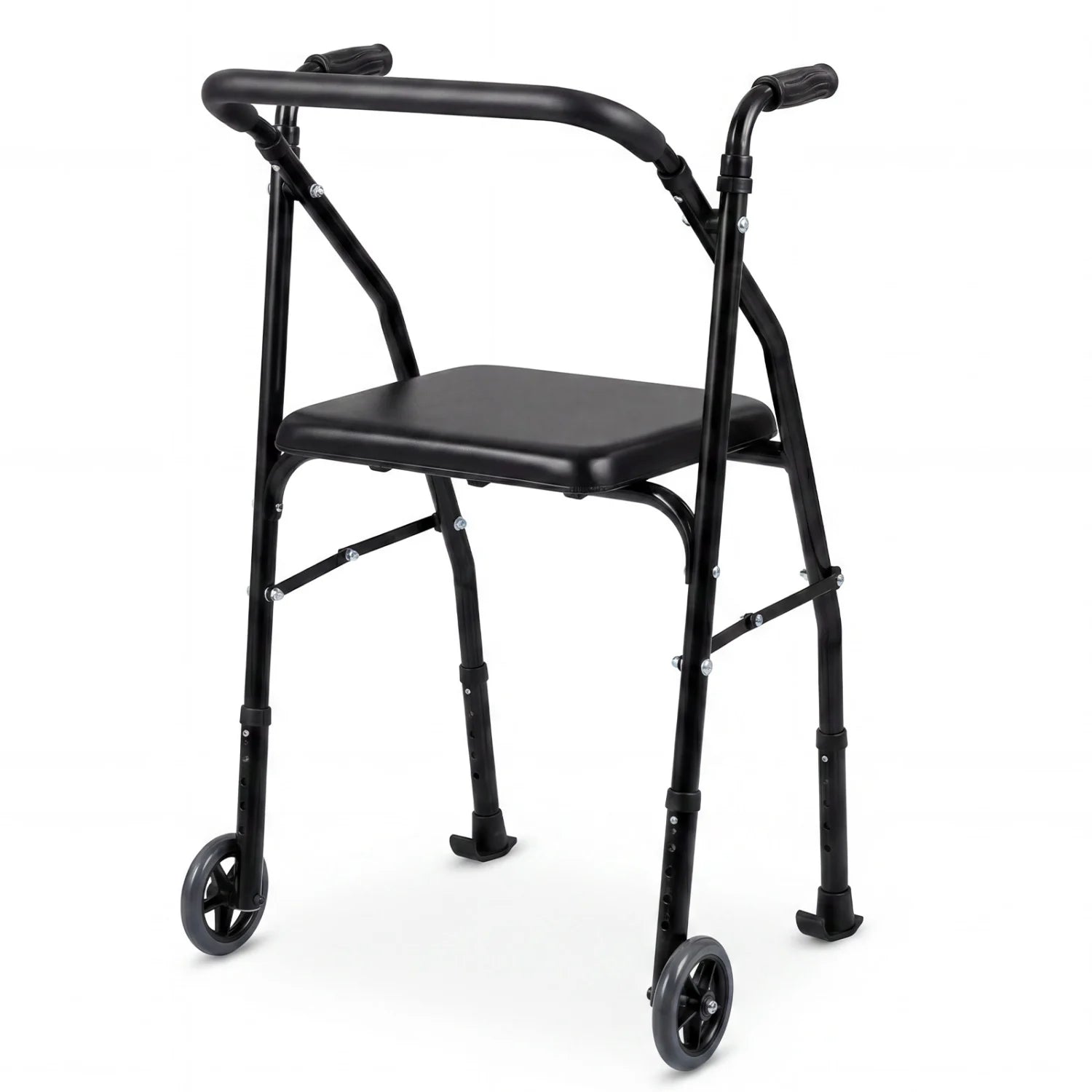 Black lightweight aluminum mobility walker with 2 wheels, adjustable height, and padded seat for seniors.