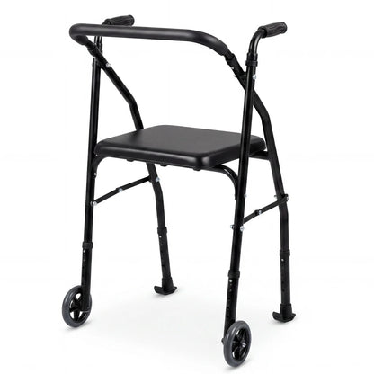 Black lightweight aluminum mobility walker with 2 wheels, adjustable height, and padded seat for seniors.