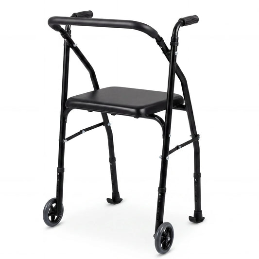 Lightweight Aluminum Mobility Walker for Seniors with 2 Wheels 5-Level Adjustable Height and Padded Seat-Black