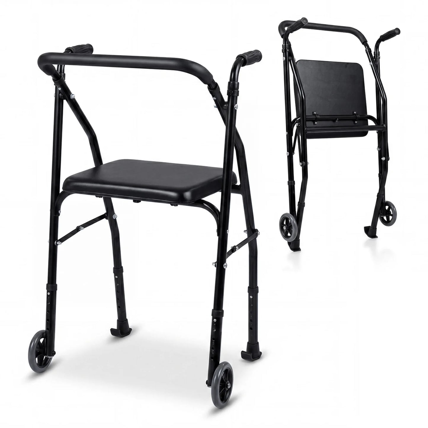 Black lightweight aluminum mobility walker for seniors with 2 wheels, adjustable height, and padded seat.