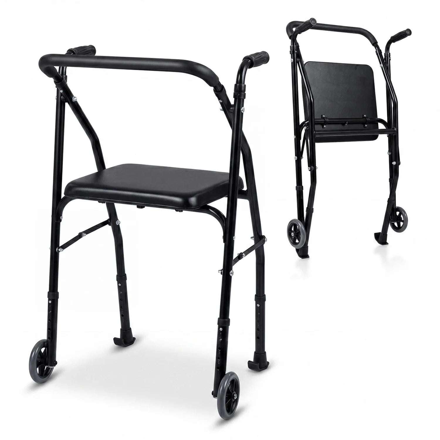 Black lightweight aluminum mobility walker for seniors with 2 wheels, adjustable height, and padded seat.
