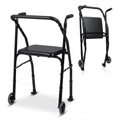 Black lightweight aluminum mobility walker for seniors with 2 wheels, adjustable height, and padded seat.