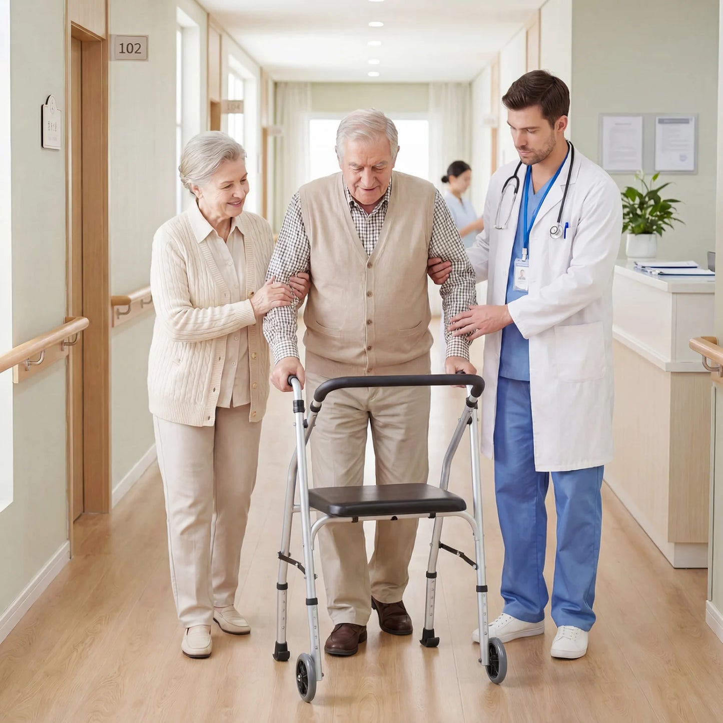 Black lightweight aluminum mobility walker with 2 wheels, adjustable height, padded seat, designed for seniors.