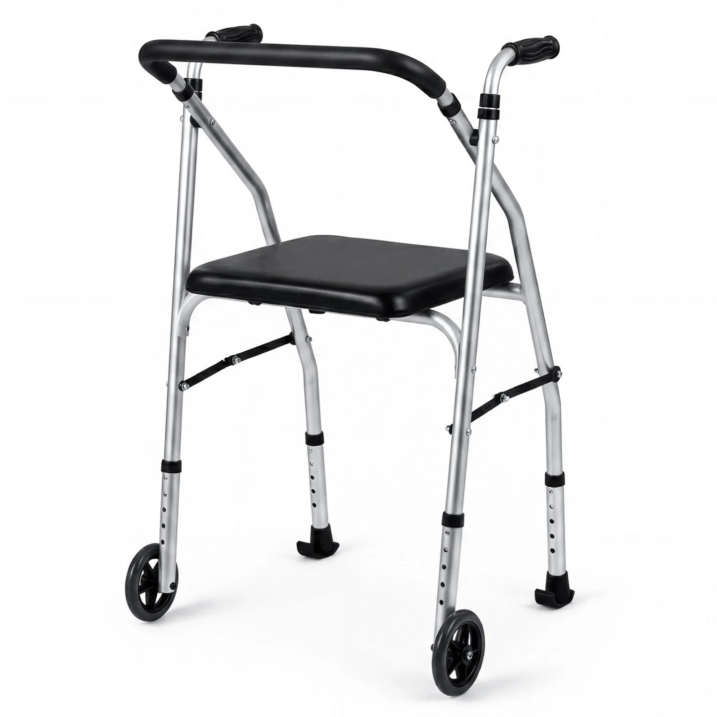 Black lightweight aluminum mobility walker with padded seat, 2 wheels, 5 adjustable heights, designed for seniors.