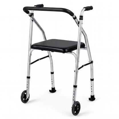 Black lightweight aluminum mobility walker with padded seat, 2 wheels, 5 adjustable heights, designed for seniors.