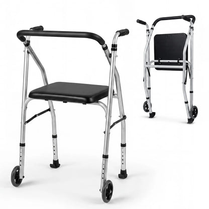 Black lightweight aluminum mobility walker with padded seat, 2 wheels, and adjustable height for seniors.