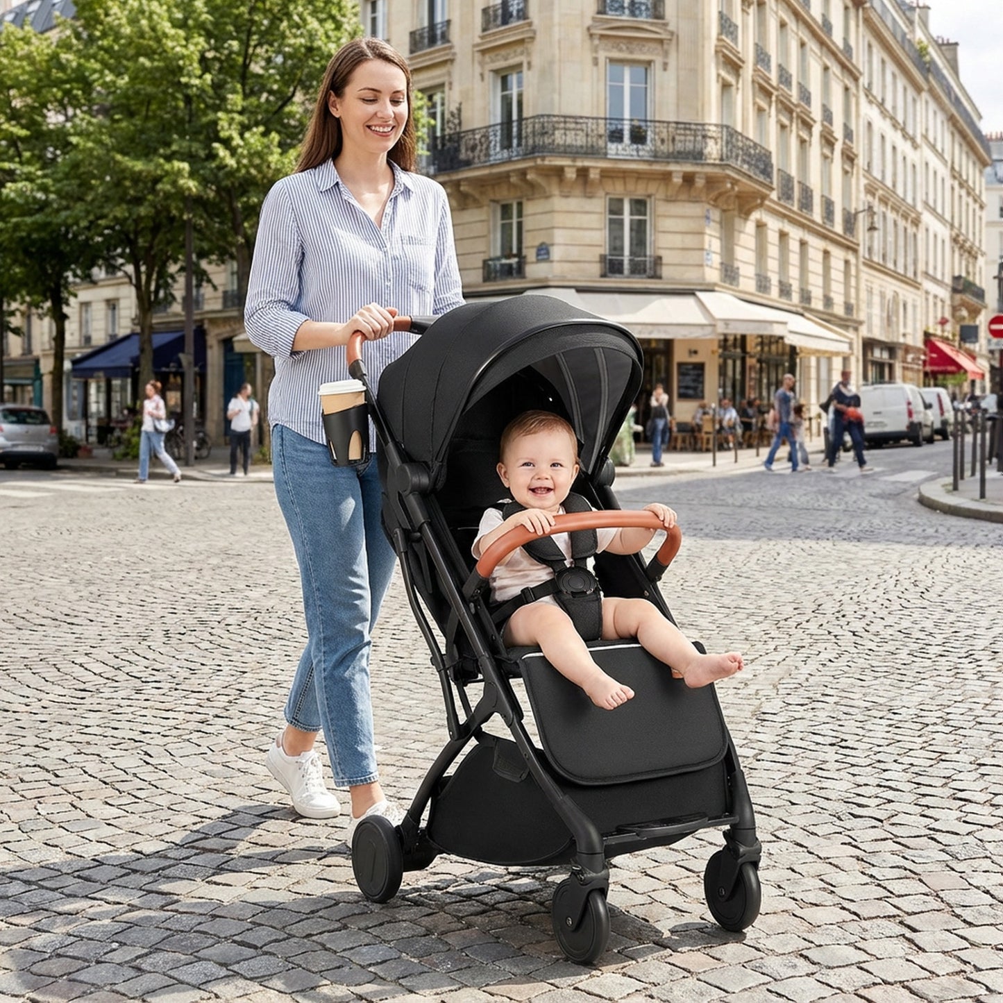 Black lightweight baby stroller with one-hand fold, compact travel stroller suitable for babies and kids.