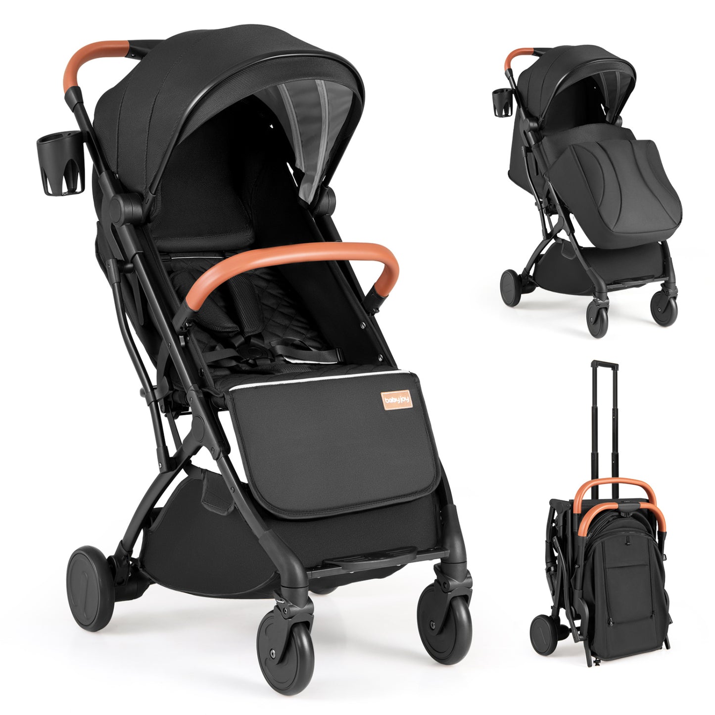 Black lightweight baby stroller with one-hand fold, compact travel design, suitable for infants and toddlers.