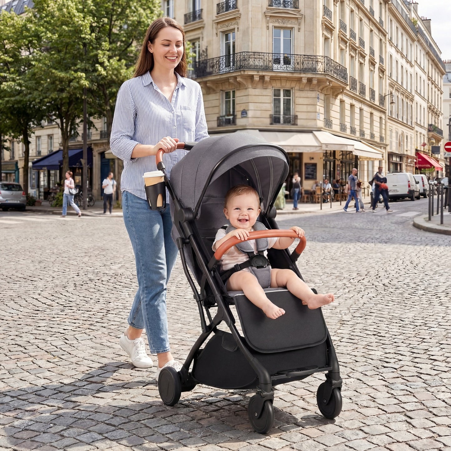 Black lightweight baby stroller with one-hand fold, compact travel design, suitable for easy transportation and daily use.