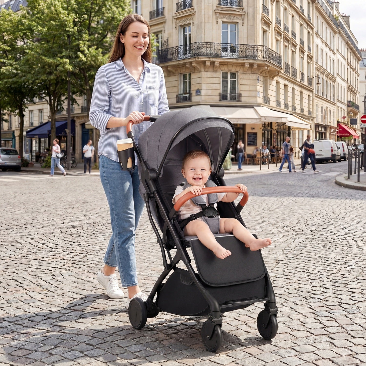 Black lightweight baby stroller with one-hand fold, compact travel design, suitable for easy transportation and daily use.