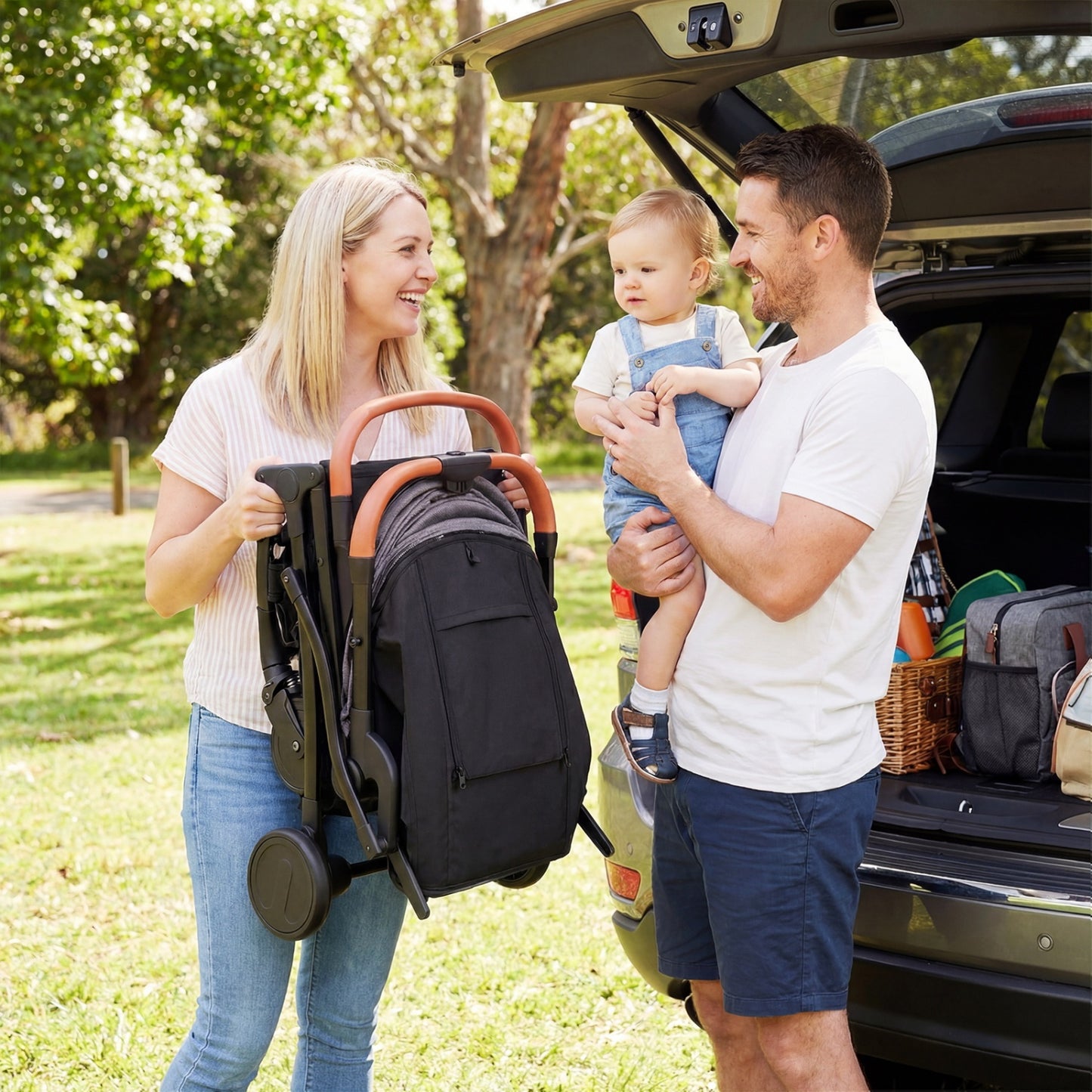Black lightweight baby stroller with compact design and one-hand fold, ideal for travel and everyday use.