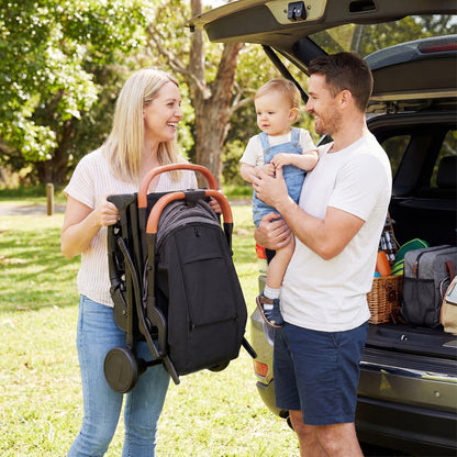 Black lightweight baby stroller with compact design and one-hand fold, ideal for travel and everyday use.