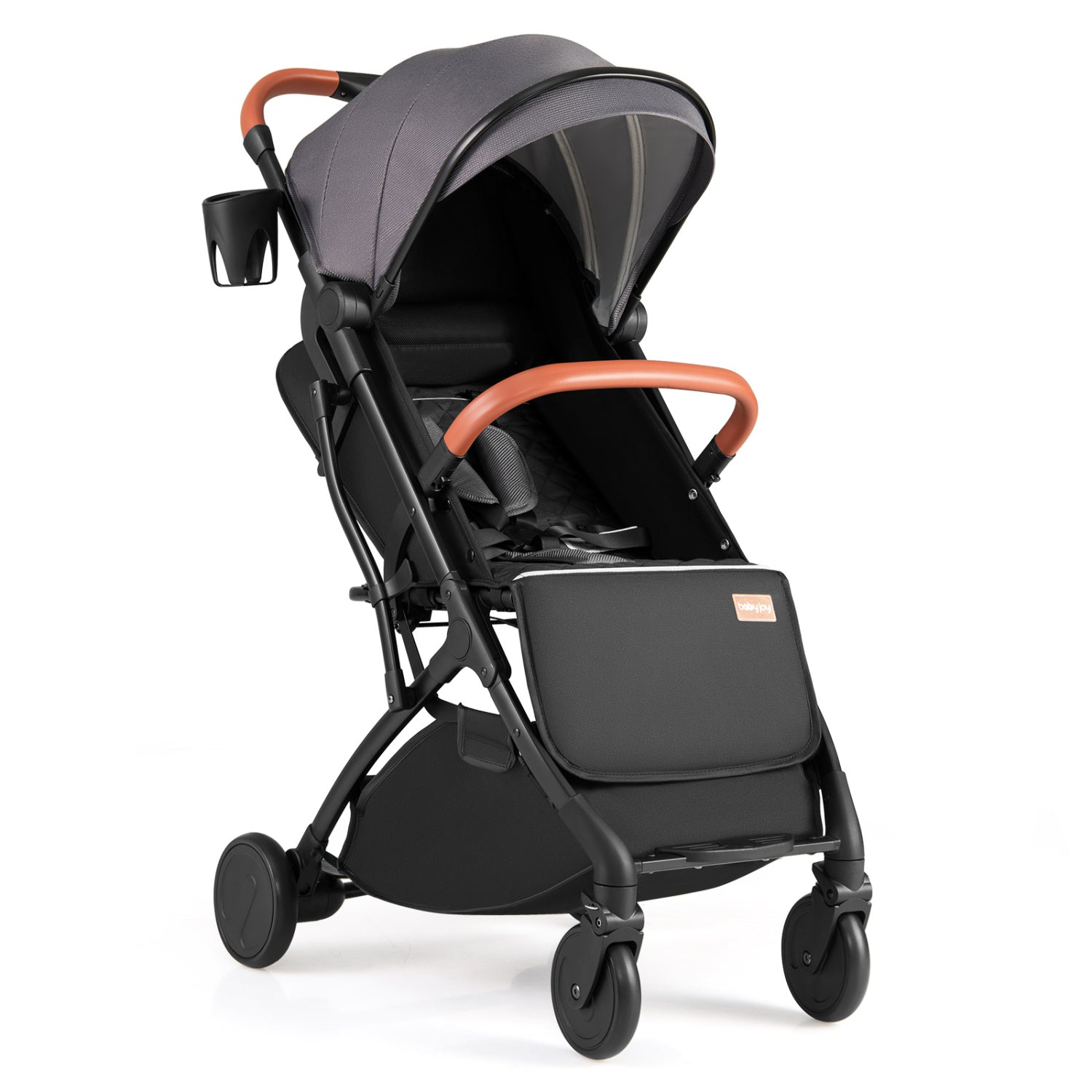 Black lightweight baby stroller with compact design and one-hand folding feature, suitable for travel and easy to carry.