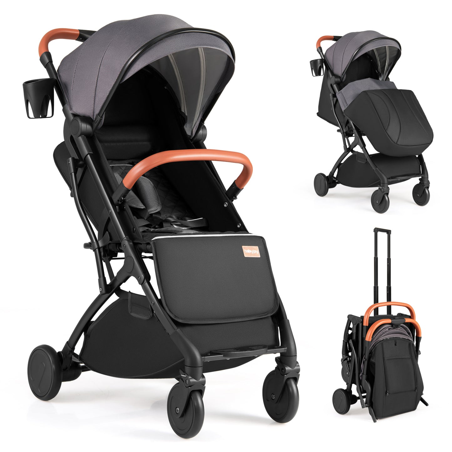 Black lightweight baby stroller with compact design and one-hand fold, suitable for travel and everyday use.