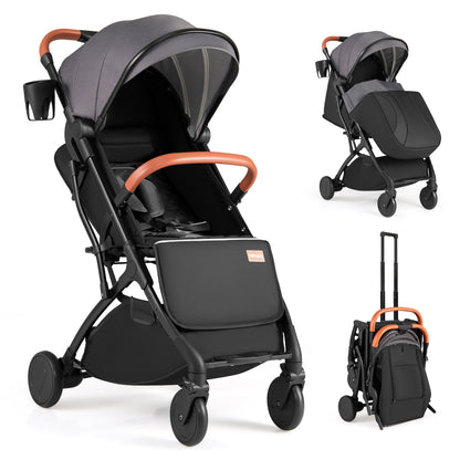 Black lightweight baby stroller with compact design and one-hand fold, suitable for travel and everyday use.