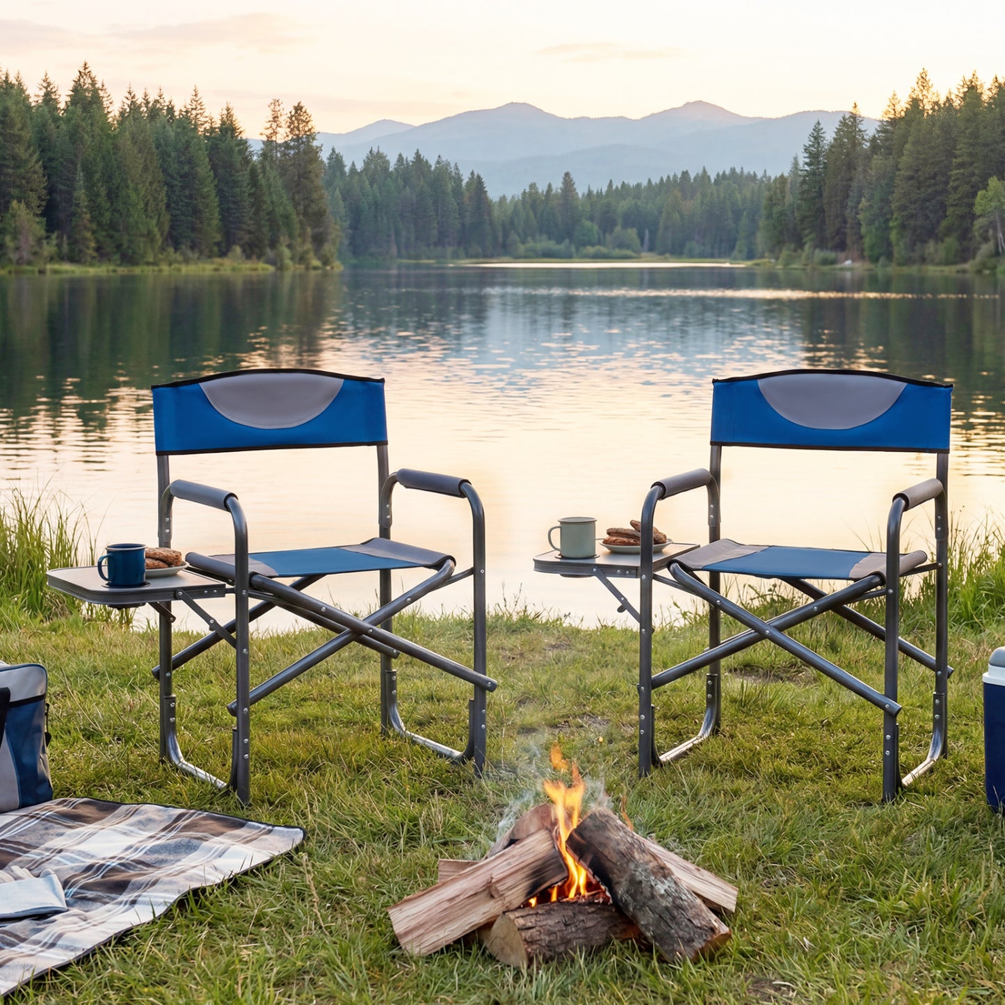 Lightweight Folding Camping Chair with Side Table-Black