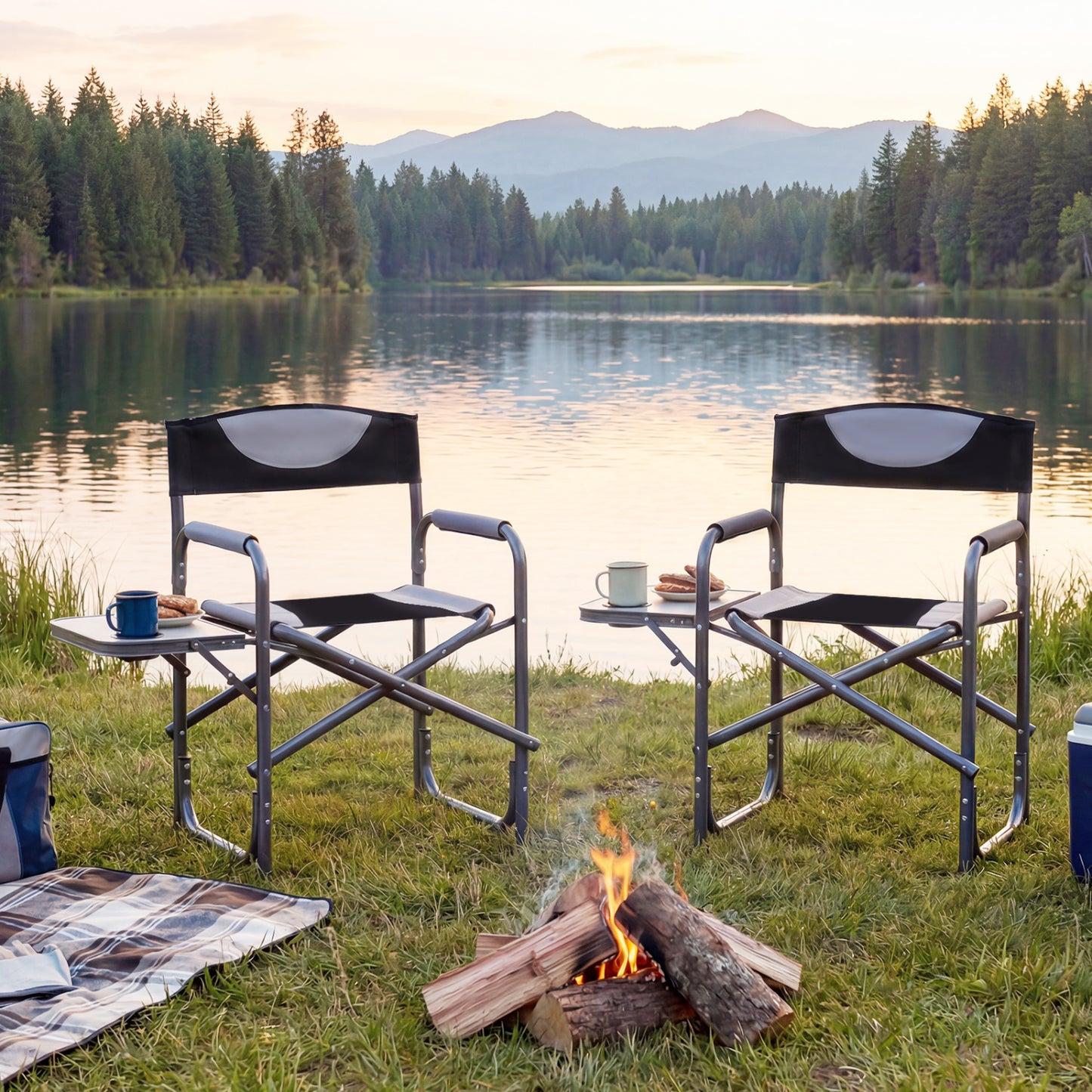 Lightweight Folding Camping Chair with Side Table-Black