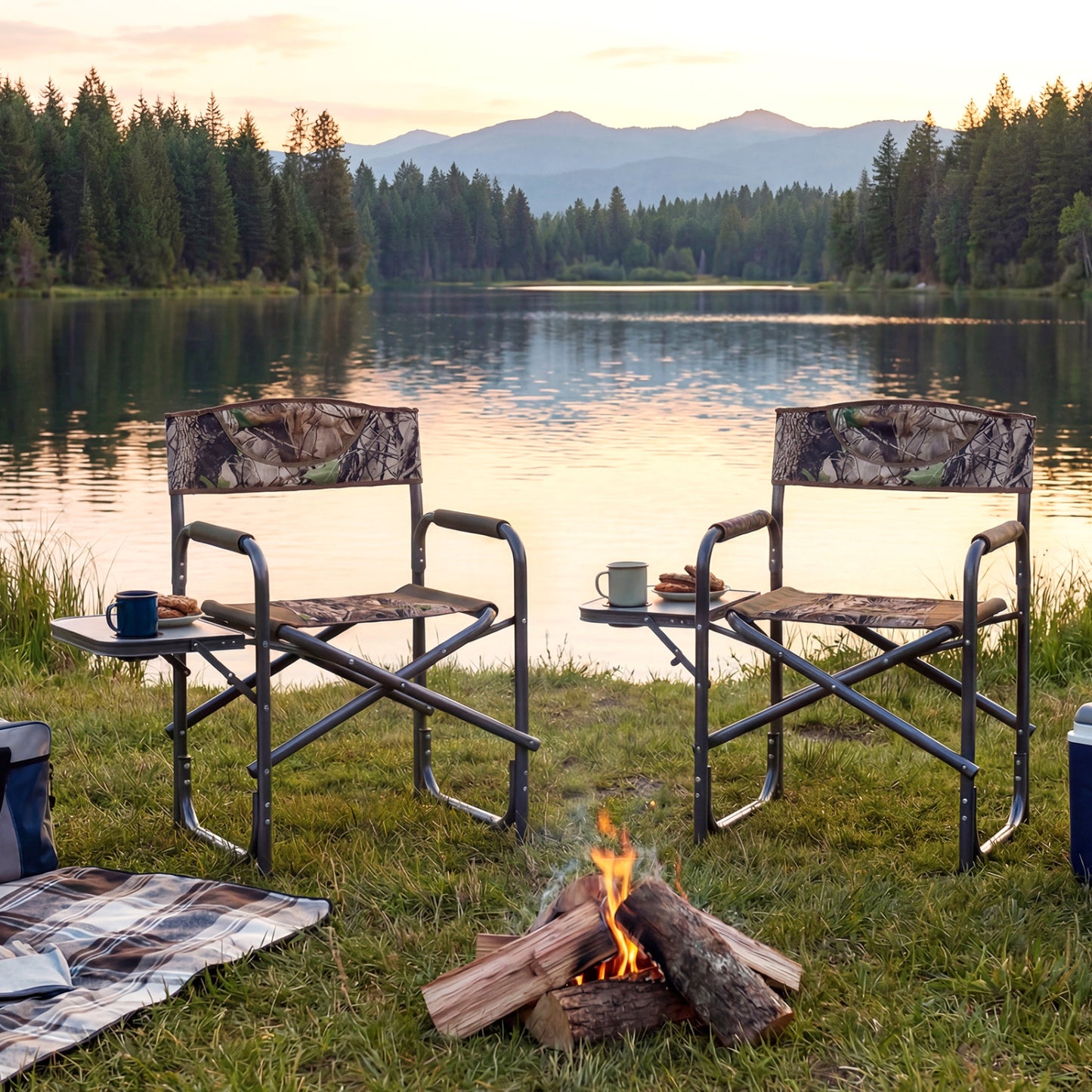 Lightweight Folding Camping Chair with Side Table-Black