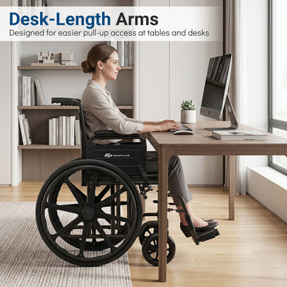 Lightweight Folding Wheelchair for Adults with Swing-Away Footrest and Desk Arm-Black