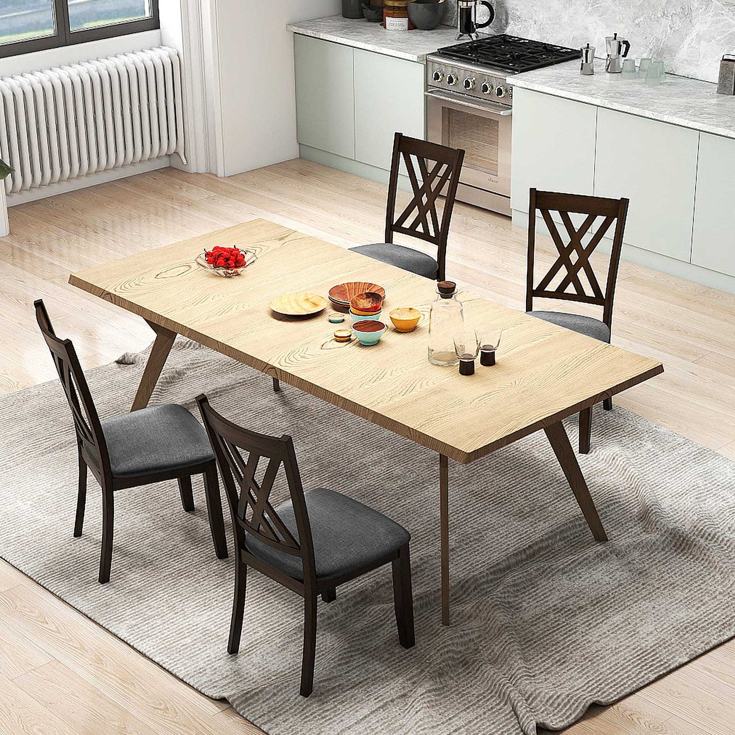 Linen Fabric Upholstered Wooden Dining Chair Set of 4 with Rubber Wood Frame for Dining Room-Gray