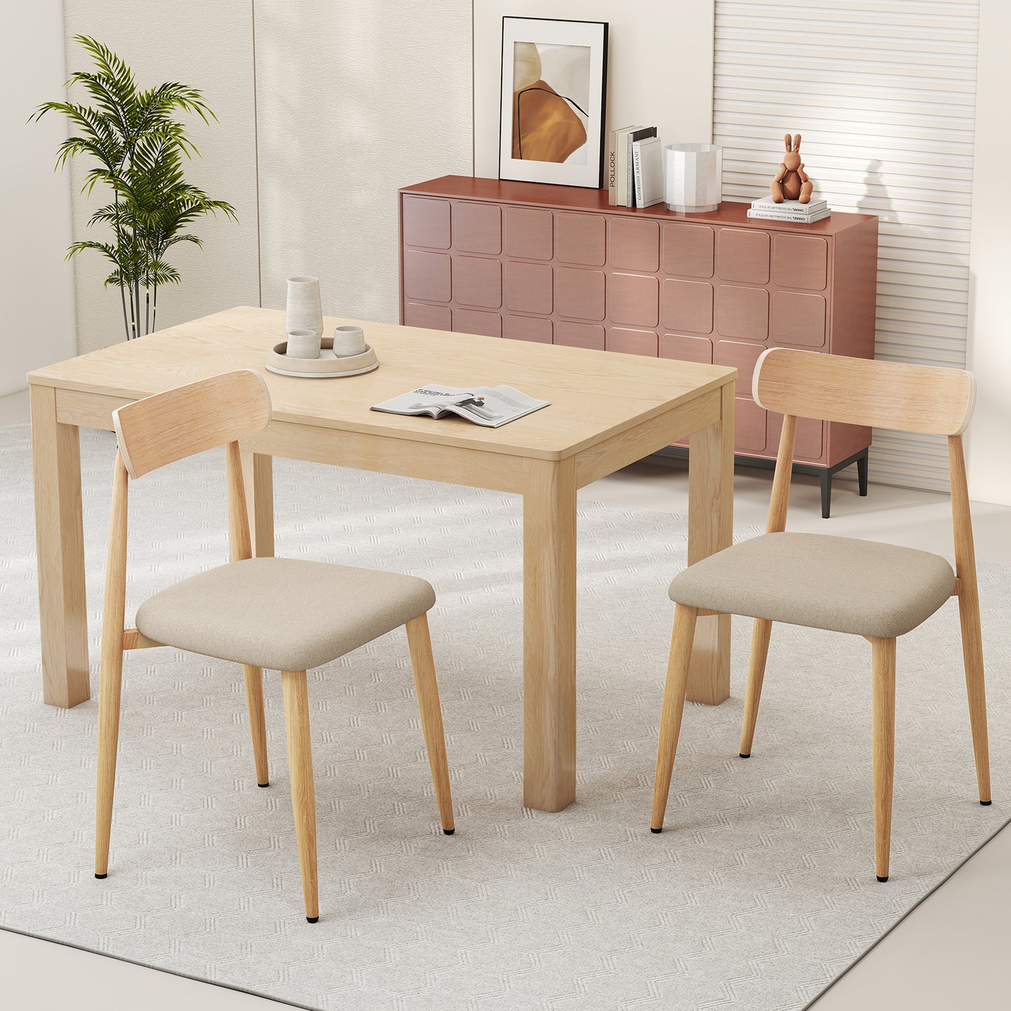 Linen Fabric Upholstered Modern Dining Chair Set of 2 with Padded Seat and Curved Back-Oak