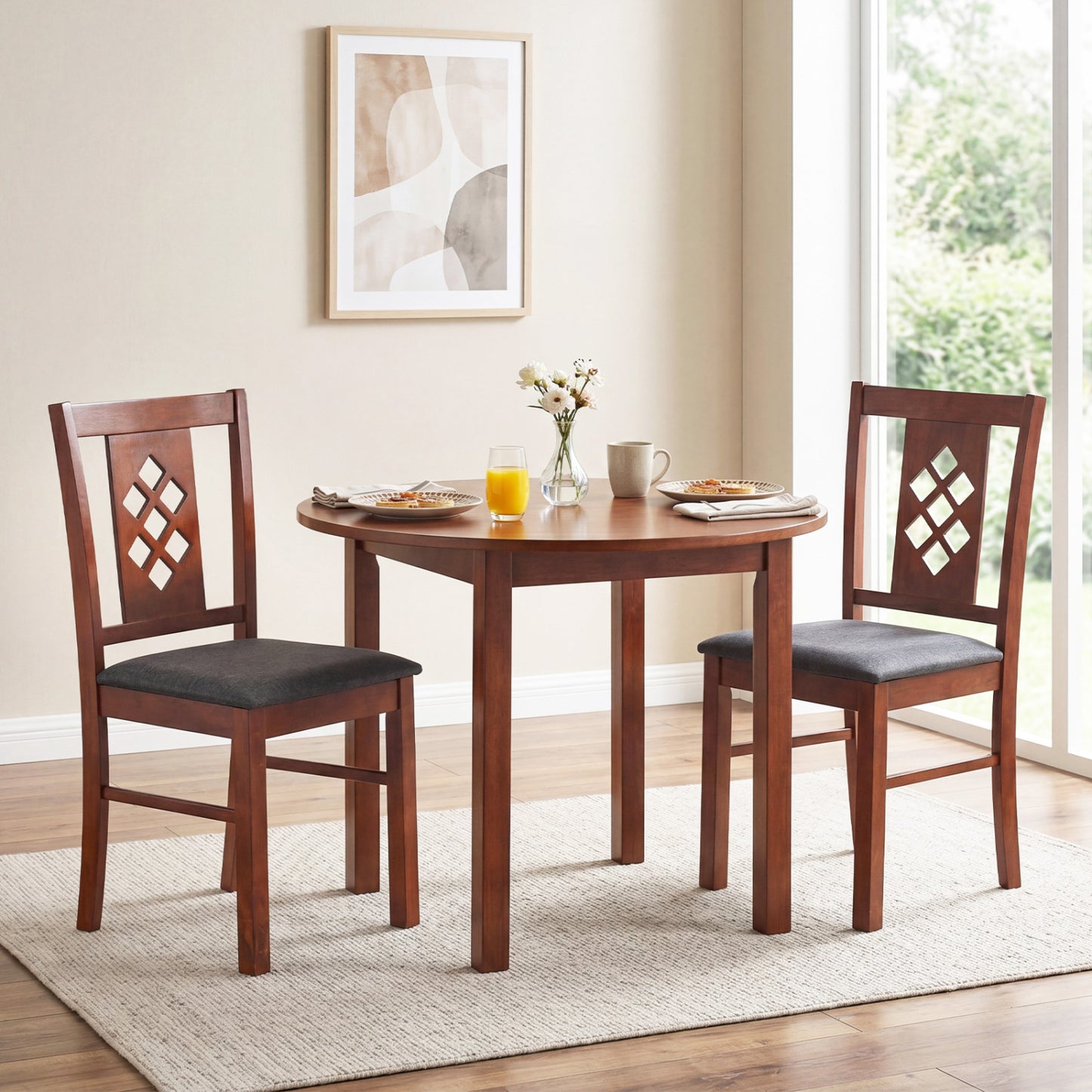Set of two linen-style upholstered kitchen chairs with cherry wood frames, featuring comfortable fabric and elegant design.