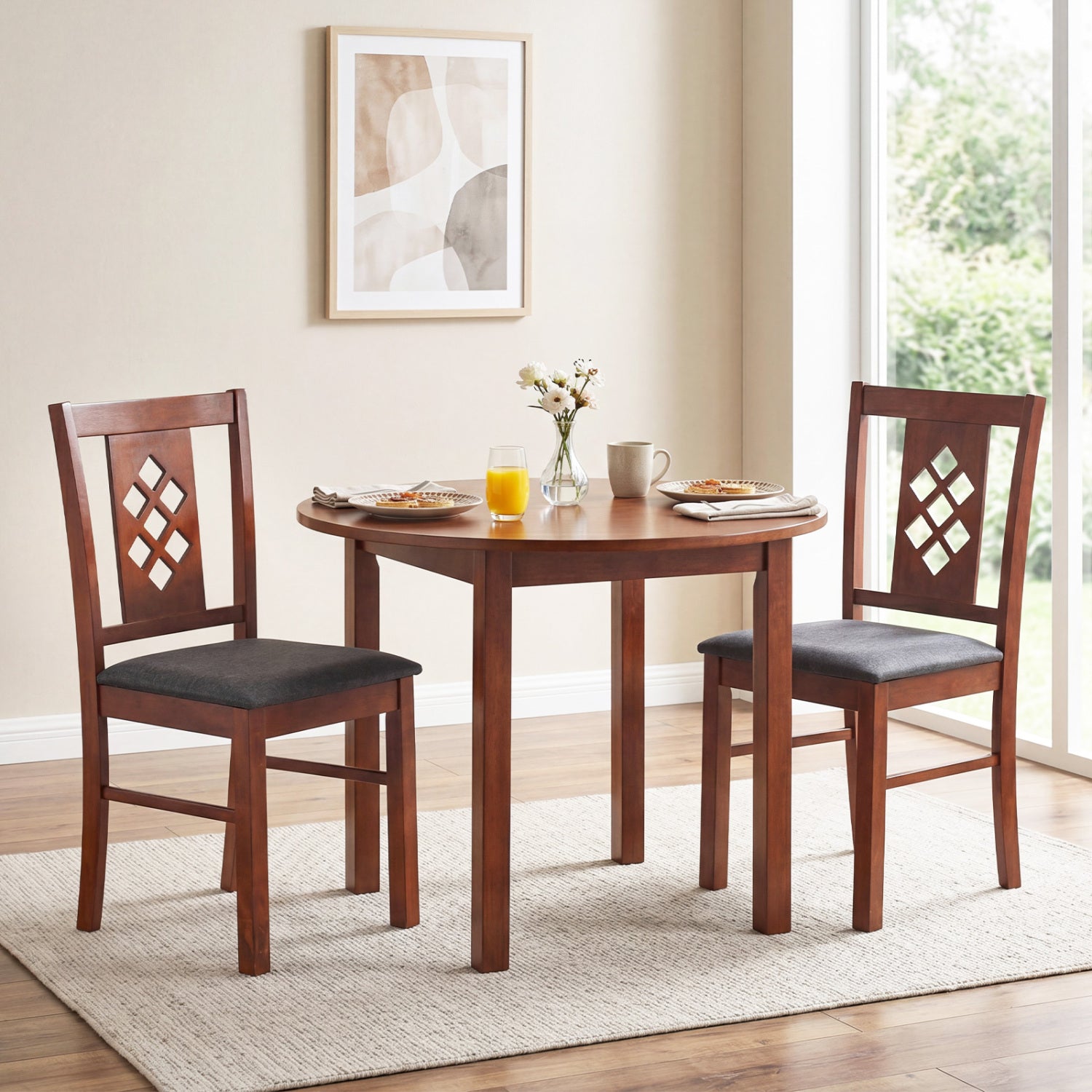 Set of two linen-style upholstered kitchen chairs with cherry wood frames, featuring comfortable fabric and elegant design.