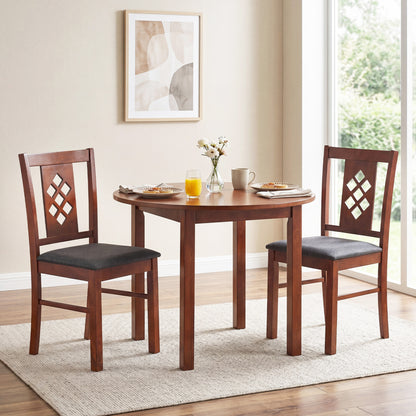 Set of two linen-style upholstered kitchen chairs with cherry wood frames, featuring comfortable fabric and elegant design.
