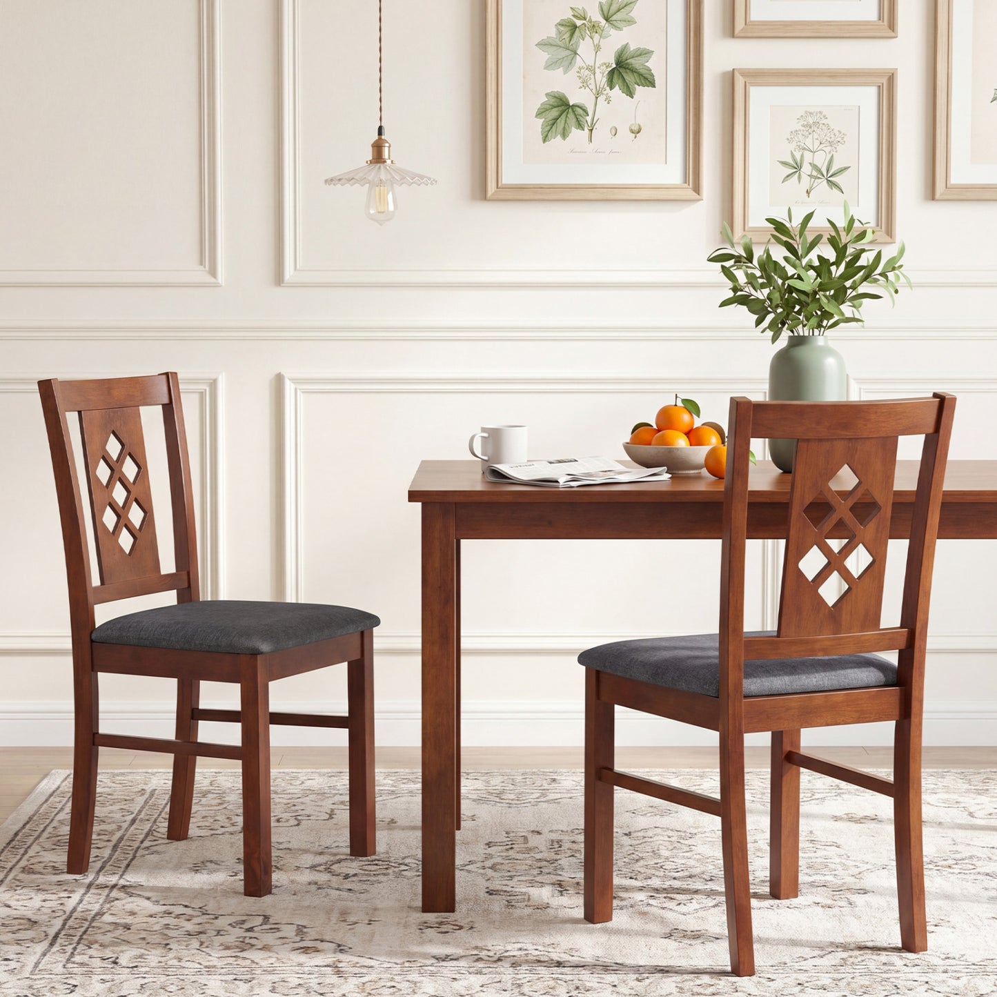 Set of two linen style upholstered kitchen dining chairs with wood frames in cherry finish, designed for comfortable seating.