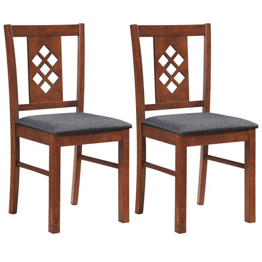 Set of two linen style upholstered kitchen chairs with cherry wood frames, ideal for dining rooms and modern kitchens.