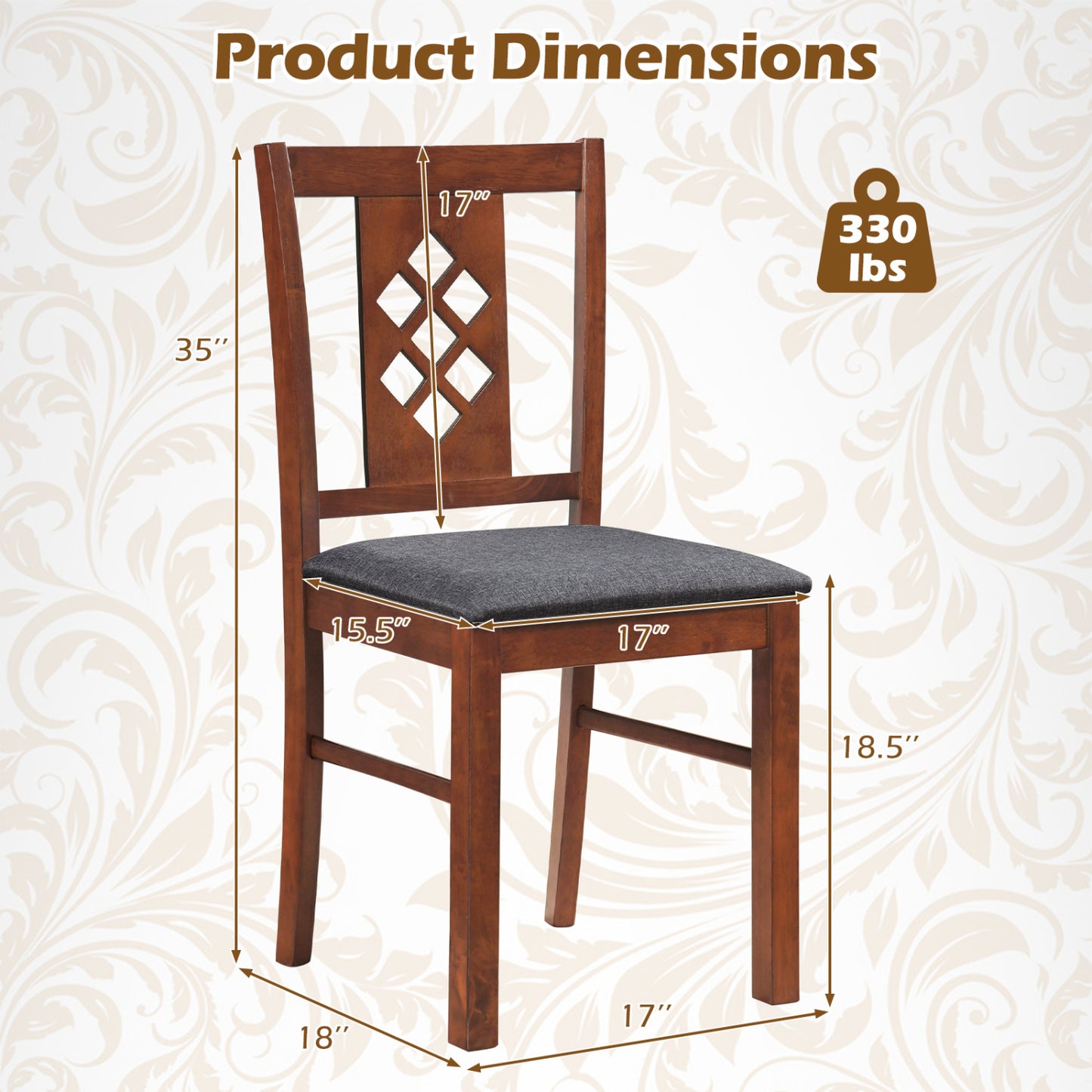 Set of two linen-style upholstered kitchen chairs with cherry wood frames, featuring comfortable fabric and elegant design.