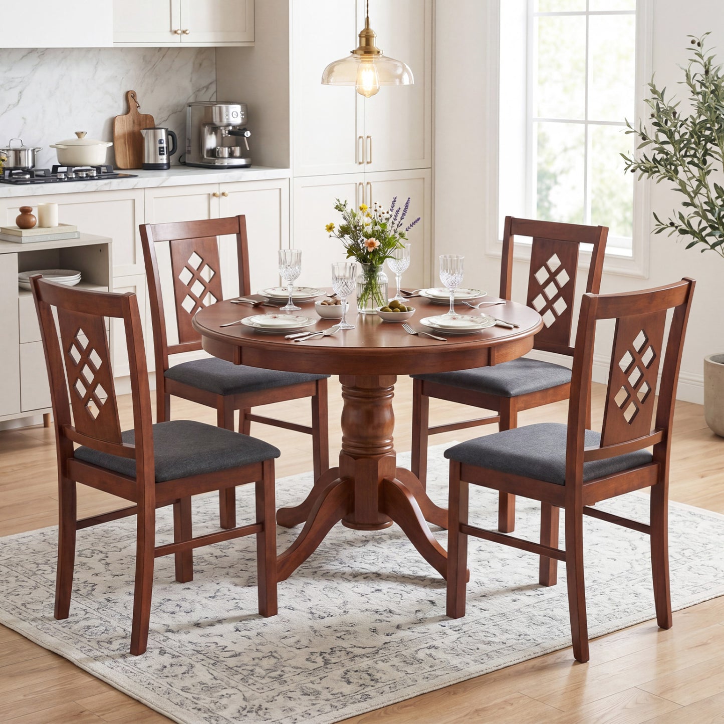Set of four linen-style upholstered kitchen chairs with cherry wood frames, featuring comfortable fabric and elegant design.