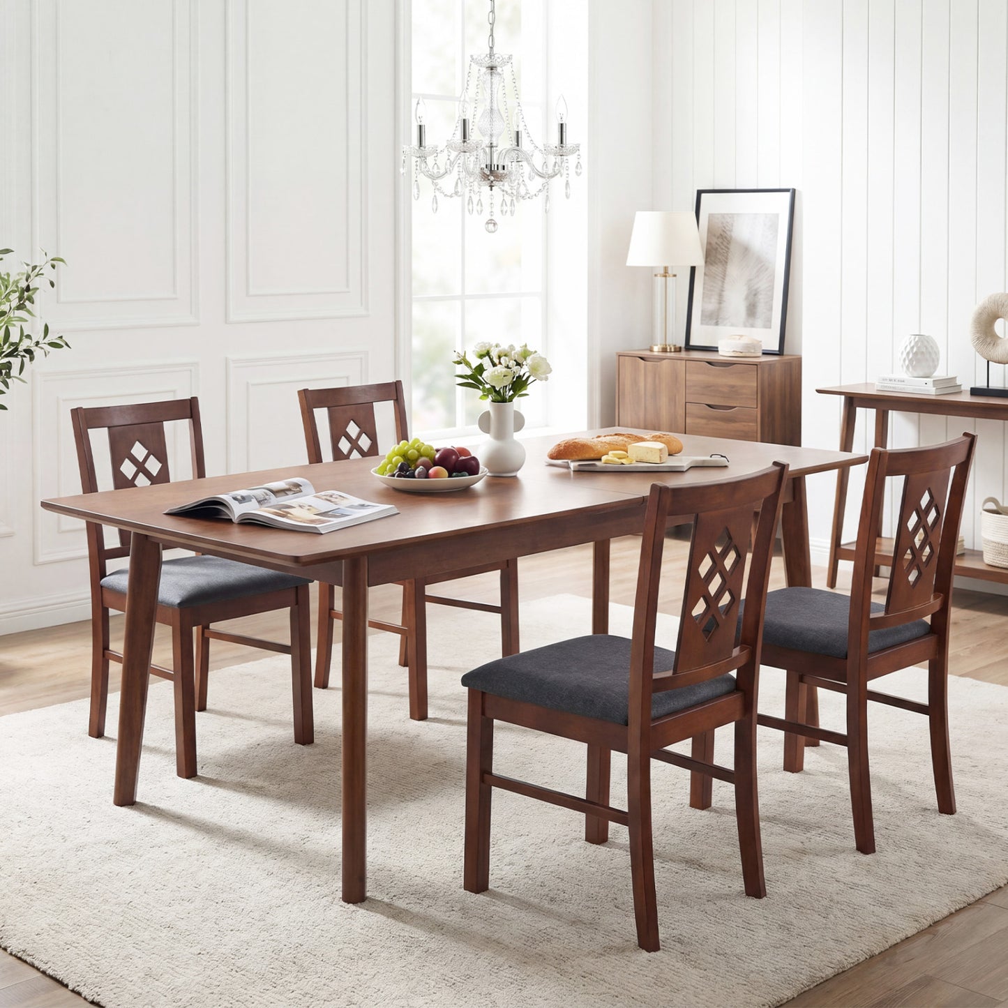 Set of four linen-style upholstered kitchen chairs with cherry wood frames, comfortable dining chairs for kitchen and dining space.