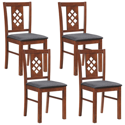 Set of four linen style upholstered kitchen chairs with cherry wood frames, ideal for dining rooms and kitchens.