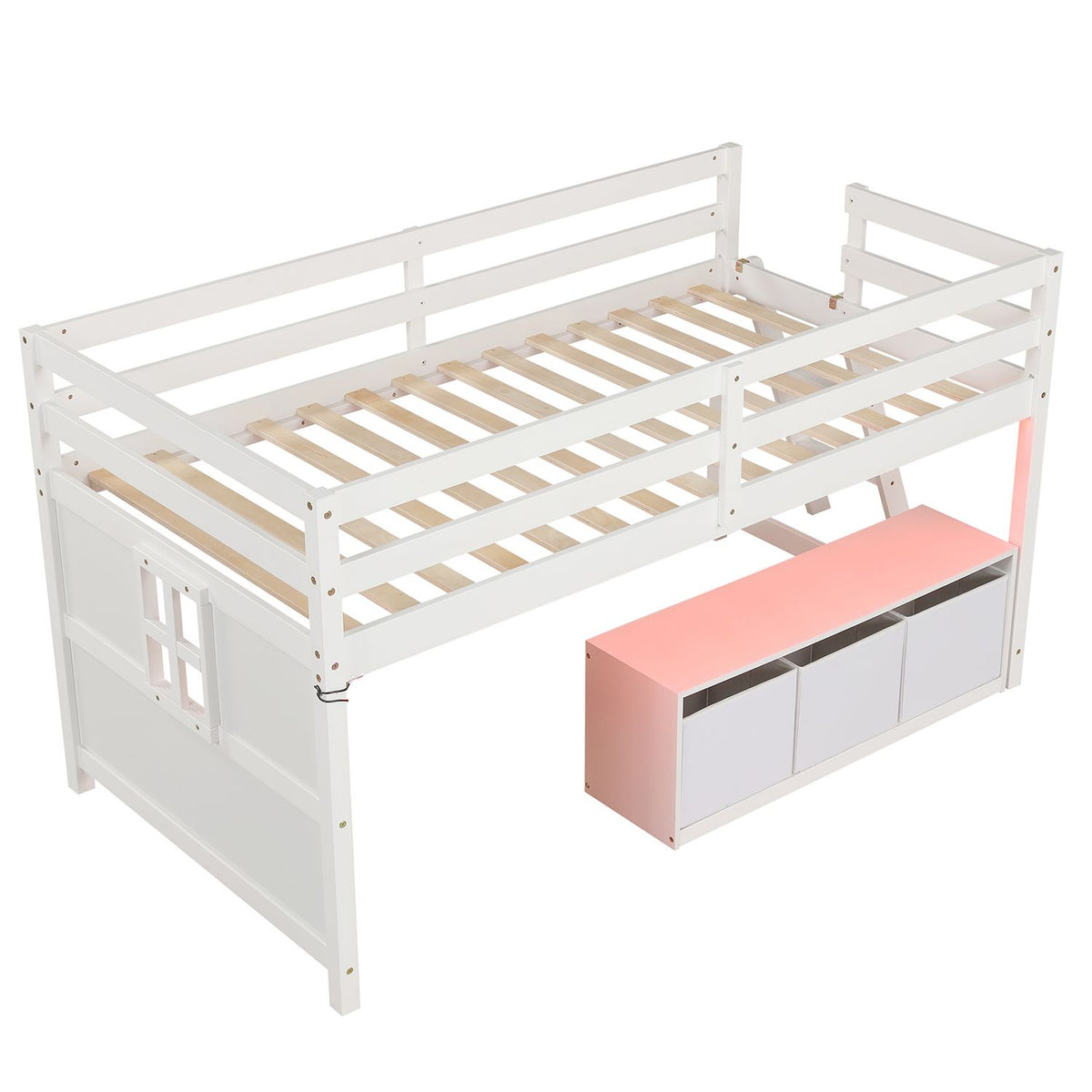 Twin size loft bed from Wilsons Home Store with adjustable lights, remote control, and three removable fabric drawers in a modern bedroom setting.