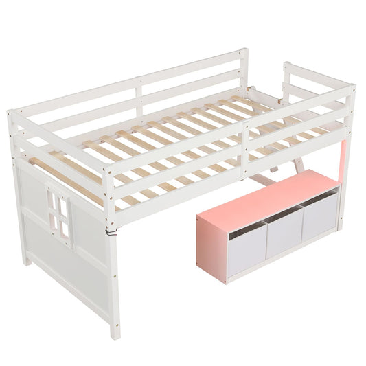 Twin size loft bed from Wilsons Home Store with adjustable lights, remote control, and three removable fabric drawers in a modern bedroom setting.