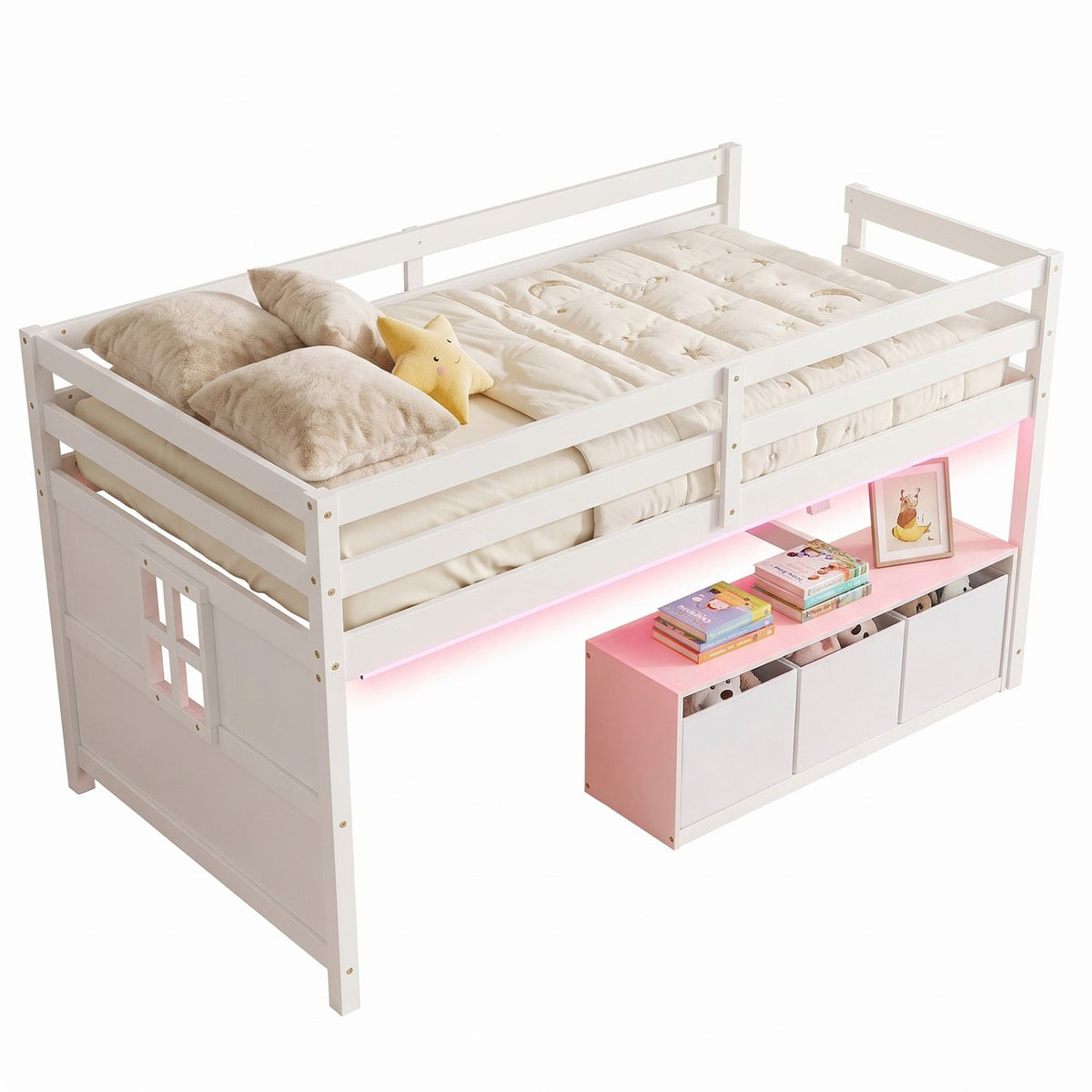 Twin size loft bed by Wilsons Home Store with adjustable lights, remote control, and three removable fabric drawers.