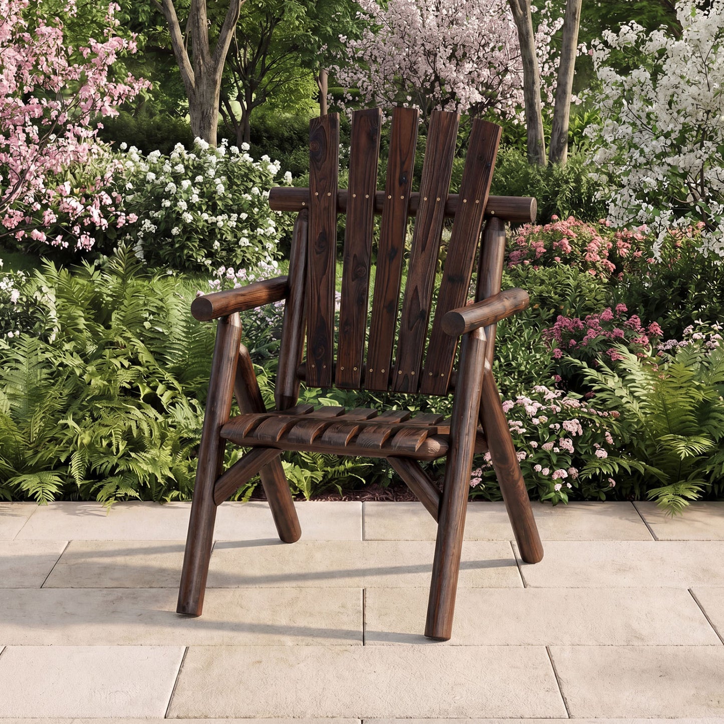 Log Wood Patio Chair with Slatted Backrest for Deck Backyard-Brown